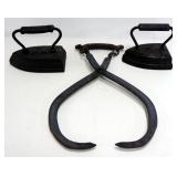 Sad Iron Marked IXL8, Sad Iron Marked 7 And Decorative Ice Tongs