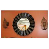 Beveled Glass Mirror With Bamboo Design, 34" Round, And Metal Leaf Wall Sconces, Qty 2, 16" Tall