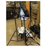 Photography Accessories Including Lighting Tripods Qty 5, Reflectors Qty 2, And Lamps, Various Sizes