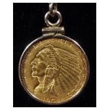 $2.5 Indian Head Quarter Eagle Coin With 14K Gold Necklace, 17" Long, 10K Gold Bordering Coin