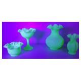Vaseline Glass Collection, Includes Fenton, Candy Dishes And Vases, Total Qty 4