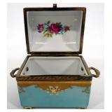 Ceramic Trinket Box With Internal Rose Pattern, Handles, And Matching Vanity Trays (1 With Chipped C