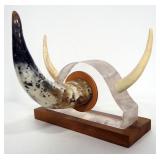 Mantel Horn Decor On Wood Stand With 3 Horns