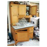 Antique Solid Wood Hoosier Cabinet With Flour Sifter, Cutting Board, Glass Knobs And Pull-Out Enamel