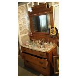 Antique Solid Wood 3 Drawer Dresser With Carved Accents, Dovetail Construction, And Tilt Mirror, 74"