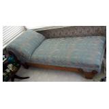 Ornately Carved Wood Upholstered Chaise Lounge, On Wood Casters, Measures 29"x80"x 30"