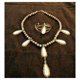 Sterling Silver And Mother Of Pearl 18" Necklace With Matching Cuff Bracelet
