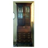 Ethan Allen 4 Drawer, 2 Piece Drop Front Secretary With Beveled Glass Upper Curio Cabinet, 78" x 29.