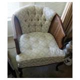 Upholstered Button Tufted Chairs With Cane Accented Arms And Cabriole Legs, Qty 2, 28" x 25" x 29"
