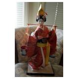 Hand Painted Japanese Geisha Doll On Wood Base, 20" Tall
