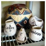 Hand Painted Sandstone Pottery Vases, Incense Burner, And Large Hand Painted Clay Pot, Total Qty 5 P