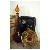 Mid Century Italian Buildcraft 26" Art Glass Decanter, Painted Glass Plate, And Painted Metal Trays 