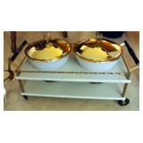 Fire King Ovenware, In Chaffing Dish Stand 7.5" Bowls With Matching Lids, And Miramar Serving Bowl W