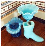 Fenton 4" Frosted Glass Boot, Westmoreland Hand Painted 5" Pedestal Bowl Signed By Artist Dated 1979