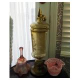 Fenton 7" Iridescent Pink Glass Bell, Fenton 5" Basket Weave Ruffle Edge Bowl, And 16" Painted Glass