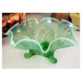 Ruffled Green Art Glass Footed Bowl 8.5" And Pink Depression Glass Footed Bowl 7.25"
