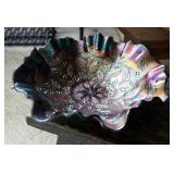 Ruffled 9" Carnival Glass Bowl And Cast Composite Parrot Bowl 10"