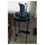 Victoriaware Ironstone Wash Pitcher 14" And Basin 15.5" On Wrought Iron Wash Stand 28.5"x23"x13"