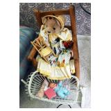 Childs Solid Wood Rocking Chair With Thatch Seat, Wicker Cradle, Teddy Bear And Baby Doll