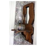 Antique Glass Kerosene Oil Lamp With Flat Wick Burner 17.5" And Wood Mirrored Lamp Shelf 21"x11"