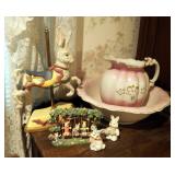 Ceramic 16" Wash Basin With Matching Pitcher 10" Tall, Painted Bunny Carousel Stand And More