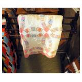 Antique Hand Sewn Wedding Ring Quilt, 76" x 84" And Wood Quilt Display Rack, 38" x 31"