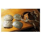 National Finals Heston Rodeo Belt Buckles, Qty 4, And Texan Brand Rowel Spurs With Tooled Leather Sp