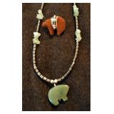 Natural Stone Bear Pendant Necklaces 22" Long Qty 2, Braided Leather Bracelets Qty 2, Earrings, And 