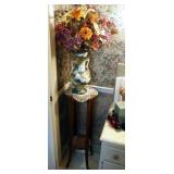 Antique Solid Wood Pedestal Stand, 37" Tall, And Ceramic 15" Crane Vase