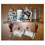 Ceramic Steins, Stoneware Mug, And Ship Grand Turk Glass Mug, 18" Wood Wall Shelf Included