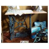 Drop Leaf Side Table, With "Household Sewing Machine" Base, Includes Marble Top Piece, 29.5" X 39" X