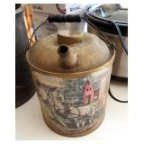 Vintage Metal Pail With Lid, 9.5" x 9.5" Round, And Decorative Painted Metal Fuel Can
