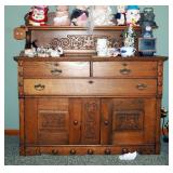Antique Solid Wood 3-Drawer Buffet With Dovetail Construction, Carved Panel Accents, Shelf & Lower S