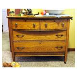 Antique Solid Wood Four Drawer Dresser, Dovetail Construction And Wood Casters, 33"x40"x21.5",