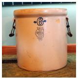 White Hall S.P.& S Co 6 Gallon Crock With Bail Wire And Wood Handles, 13.5" Tall x 13" Round