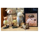 "Pig" Decor Including Storage Box, Glazed Pottery Pigs And Cast Resin Pigs, Qty 6 Total Pieces