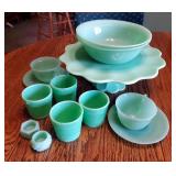 Vintage Fire King Jadeite 10" Cake Plate, 8" Bowls, Teacup And Saucer Sets, Green Glass Baskets And 