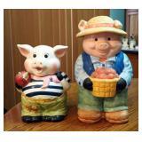 International Art 11" Pig Cookie Jar And 14" Farmer Pig Cookie Jar Marked "Mexico"