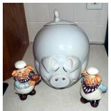 Vintage McCoy Pottery Quigley Pig Cookie Jar 9" Tall With Ceramic Pig Salt And Pepper Shakers
