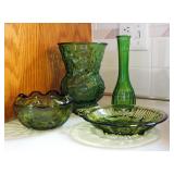 Green Depression Glass Serving Dishes, Green Dimpled Glass Vase, Holiday Stemware Candlesticks And M