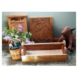 Carved "Hot Bath" Wall Plaque, Decorative Copper Washboard, Faux Leather Pig, Wood Toolbox And More