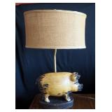 Decorative Wood Pig Table Lamp With Oval Burlap Shade, Measures 28" Tall
