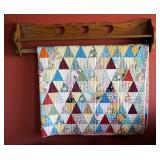 Antique Hand Sewn Patch Quilt, 78"x66" Includes Wood Display Rack, 48" Long
