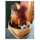 Vintage Painted Cast Cocker Spaniel Statue 17" Tall, Sandicast Schnauzer Sculpture, And Woven Basket