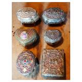 Vintage Japanese Metal Trinket Jewelry Boxes With Punched Scroll Lids, Qty 6