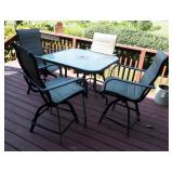 Bar Height Metal Framed Patio Table 34" x 36" x 36", With 4 Matching Swivel Chairs