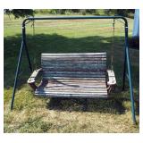 Freestanding Wood Porch Swing And Metal Park Bench