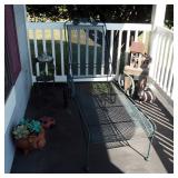 Metal Chaise Lounge, Plant Stand, Terra Cotta Pig Planter, Decorative Birdhouse, And Metal Ladybug
