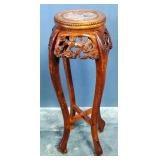 Carved Wood Pedestal With Inlaid Marble Top, Floral Carvings And Curved Legs, 36.5" High x 10.5" Dia