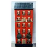 Wood Cabinet Designed Like A House, 2 Doors Reveal 12 Inner Cubbies, Roof Lifts To Reveal 2 More Cub
